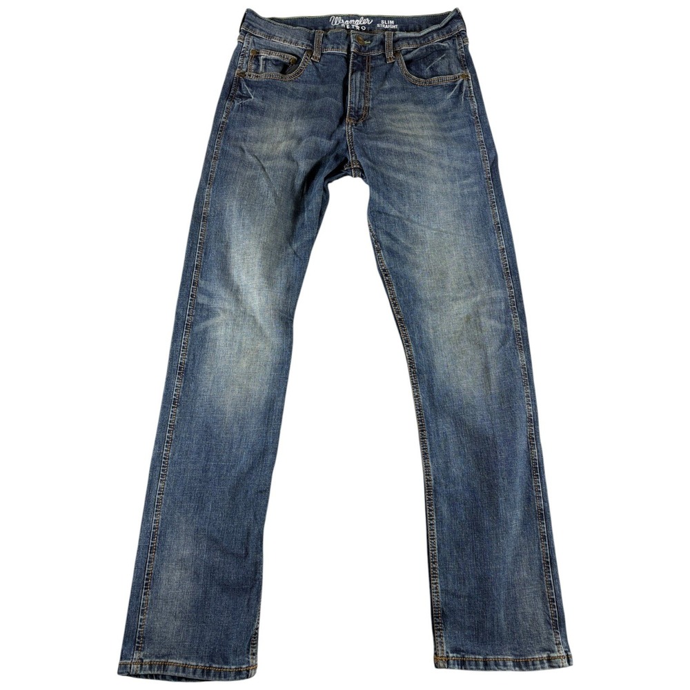 Wrangler Retro Jeans Mens 32x34 Blue Slim Straight Faded Western Cowboy Heritage